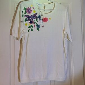 NWT Talbots Embroidered / beaded Dragonfly Short-Sleeve Sweater - Off White